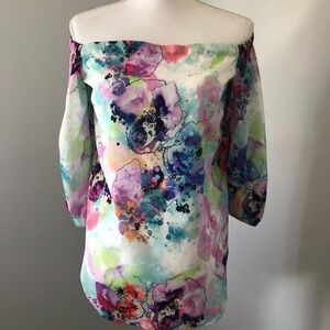 A New York Watercolor Floral Blouse Off The Shoulder Size Medium